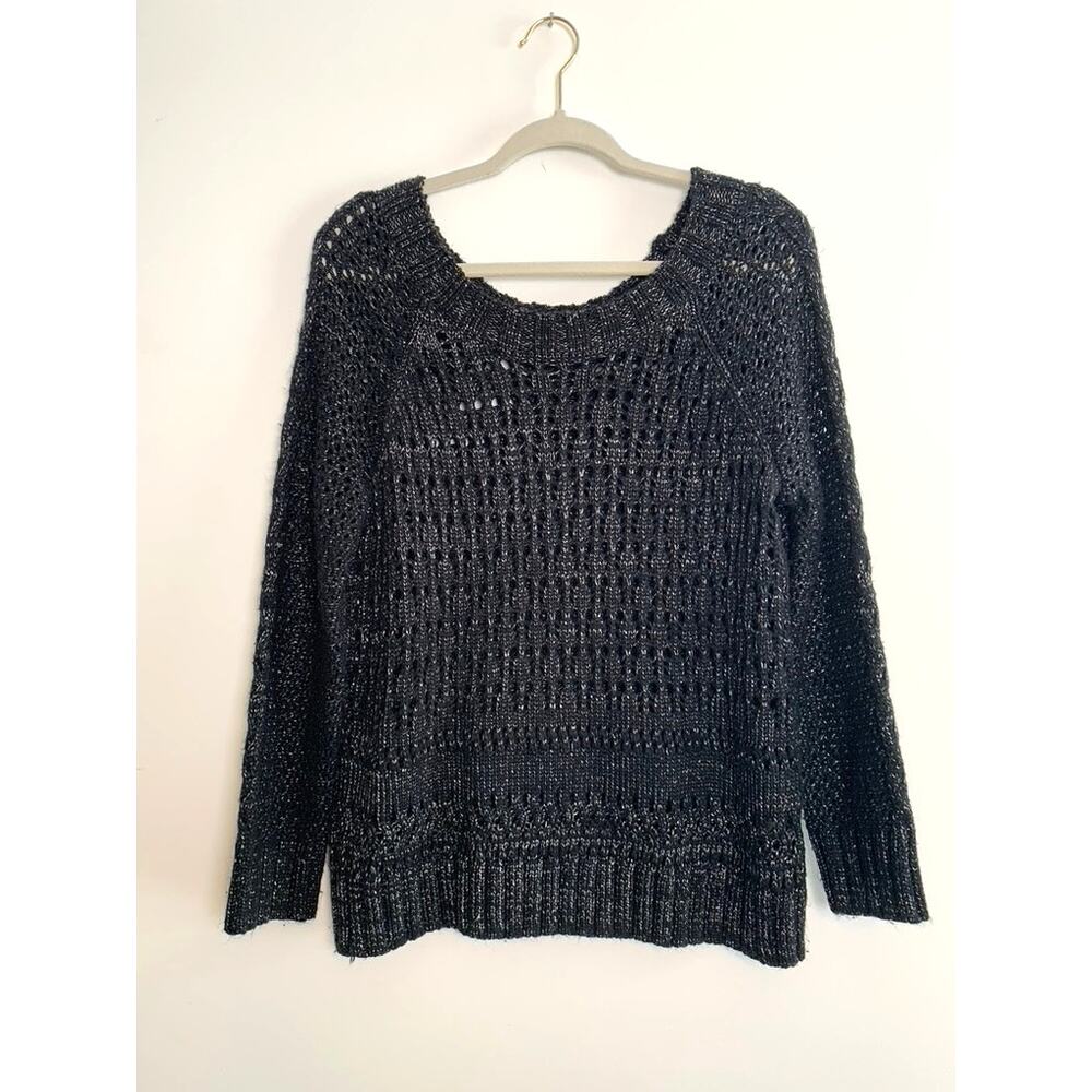 Designer Narciso Rodriguez Black Metallic Open Knit Sweater Size L Classic Chic